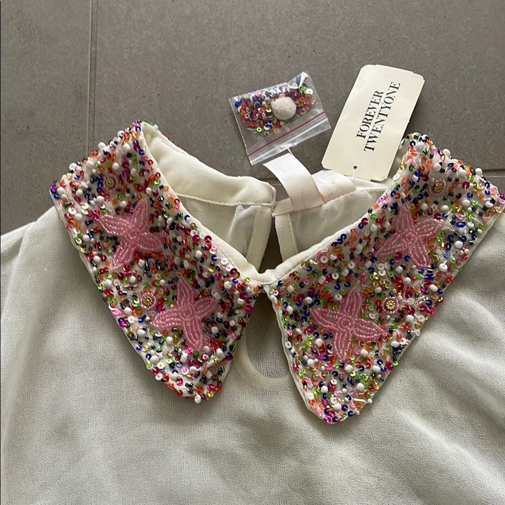 Forever 21 White Embellished Peter Pan Collar Top
